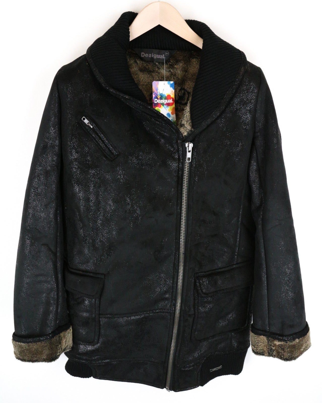 DESIGUAL Werewolf Women Jacket 42 L Zipped Faux Fur Lined Single-Breasted Black