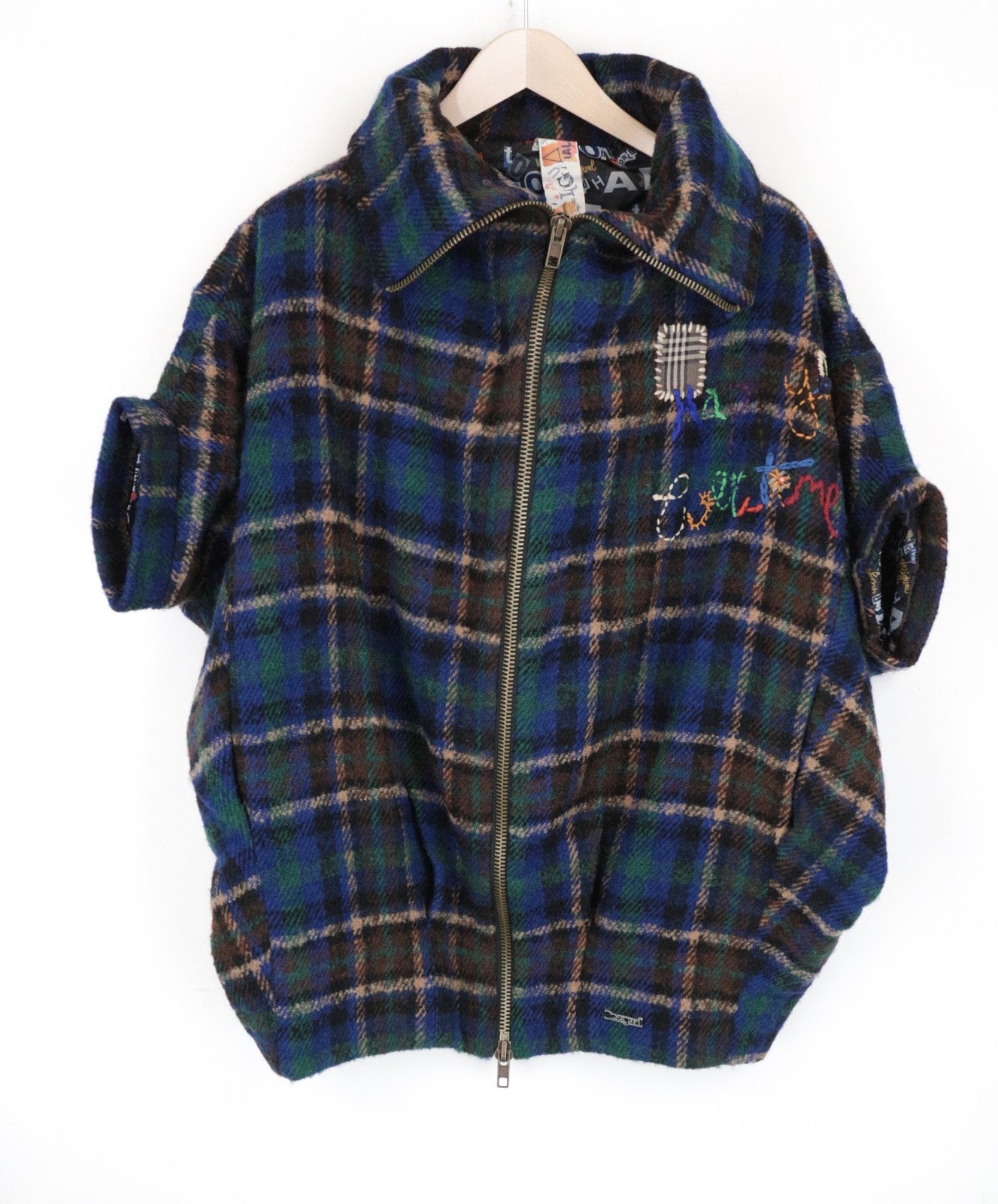 DESIGUAL Women Coat EU40 L Blue Melange Check Dolman Sleeve Woolen Embroidered