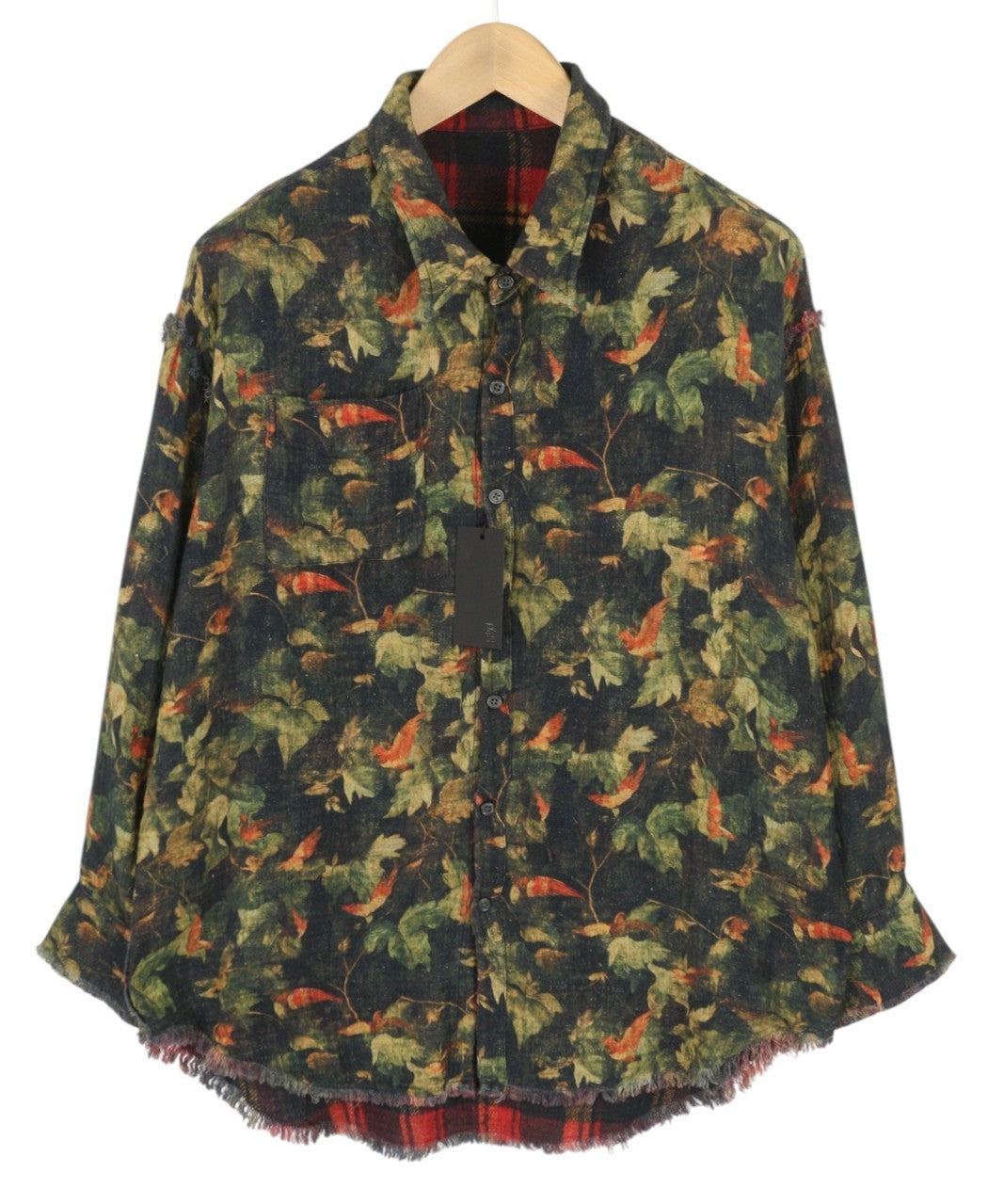 R13 dvipusiai moteriški marškinėliai su nugara, 2XS, raudoni languoti marškiniai su lapų kamufliažu FW25 RRP1045 