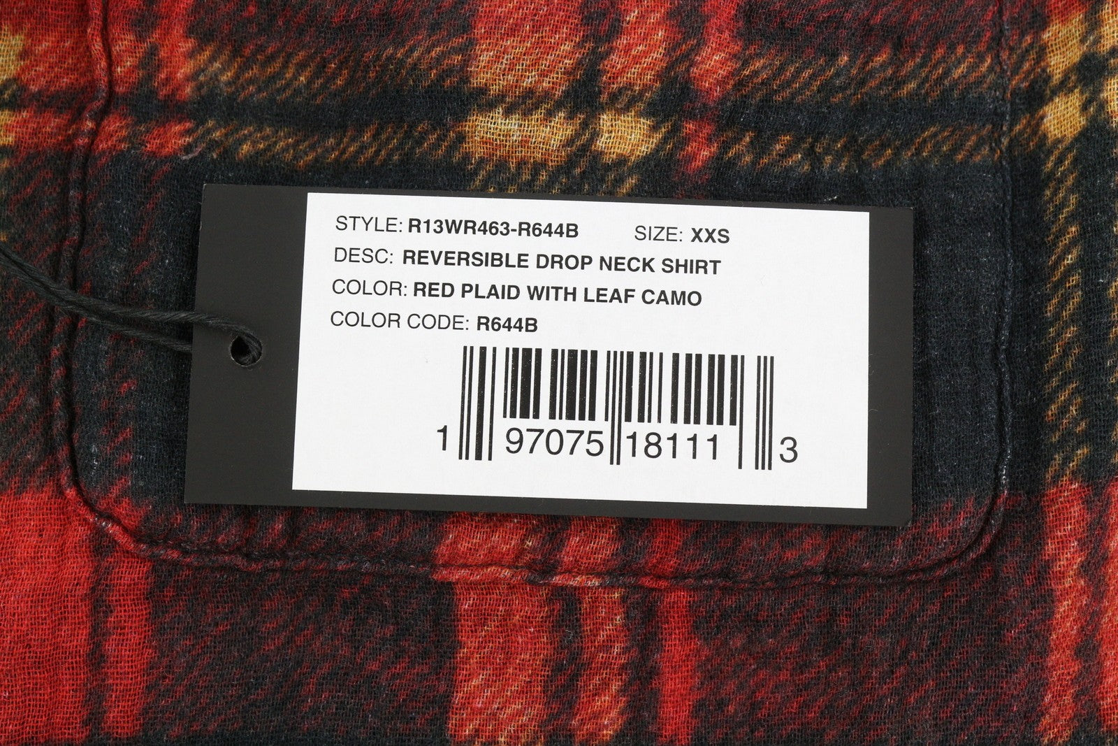 R13 dvipusiai moteriški marškinėliai su nugara, 2XS, raudoni languoti marškiniai su lapų kamufliažu FW25 RRP1045 