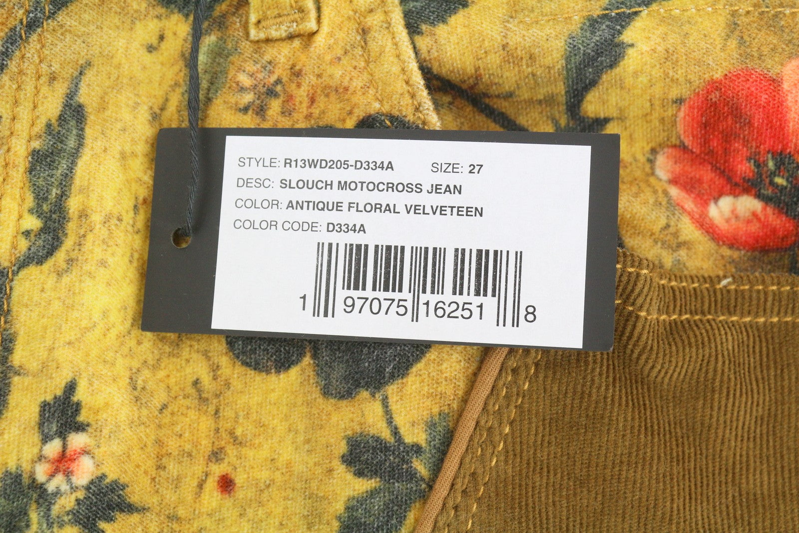 R13 Slouch Motocross Women Trousers 27 Antique Floral Velveteen PF25 RRP1795