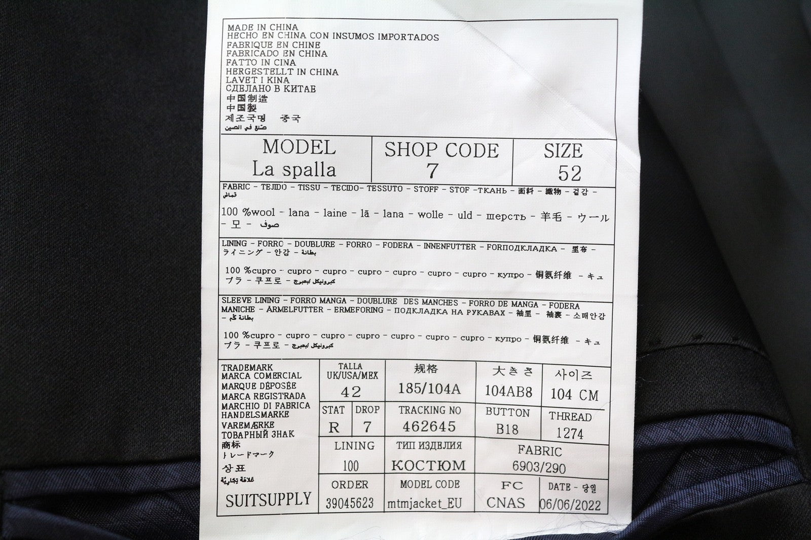 SUITSUPPLY La Spalla Men's Suit UK42R Black Wool 3Pc Tuxedo Classic Single Fit