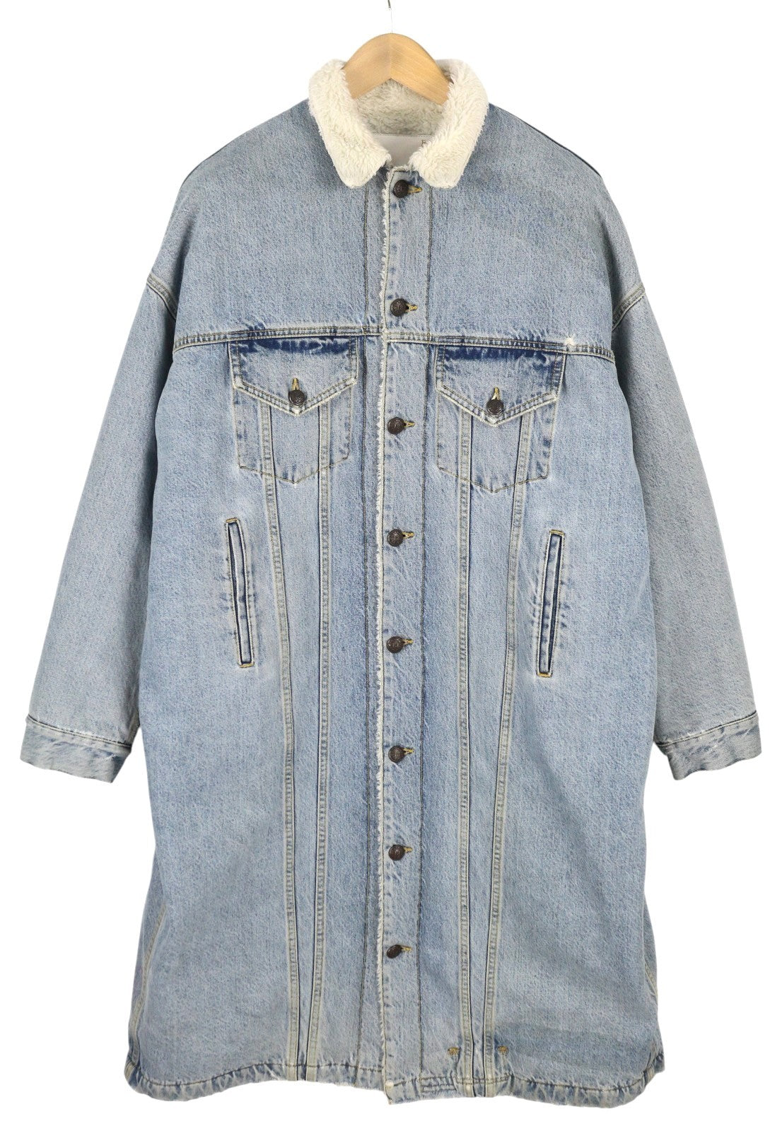 R13 Lyle Trucket Coat moteriška striukė M su skalūno mėlyna, su šerpų pamušalu, džinsinio audinio ilga striukė RRP999 