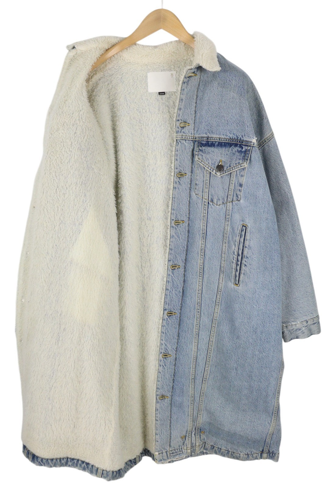 R13 Lyle Trucket Coat moteriška striukė M su skalūno mėlyna, su šerpų pamušalu, džinsinio audinio ilga striukė RRP999 