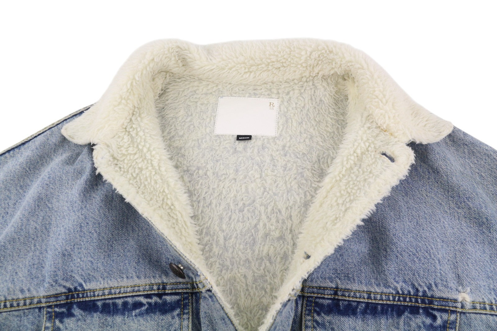 R13 Lyle Trucket Coat moteriška striukė M su skalūno mėlyna, su šerpų pamušalu, džinsinio audinio ilga striukė RRP999 