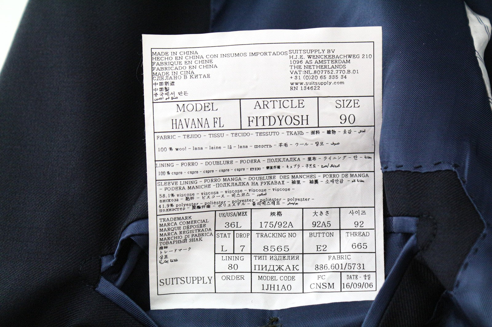 „SUITSUPPLY Havana Blueline“ vyriškas švarkas, UK36L, formalus mėlynas, vilnonis, vienaeilis 