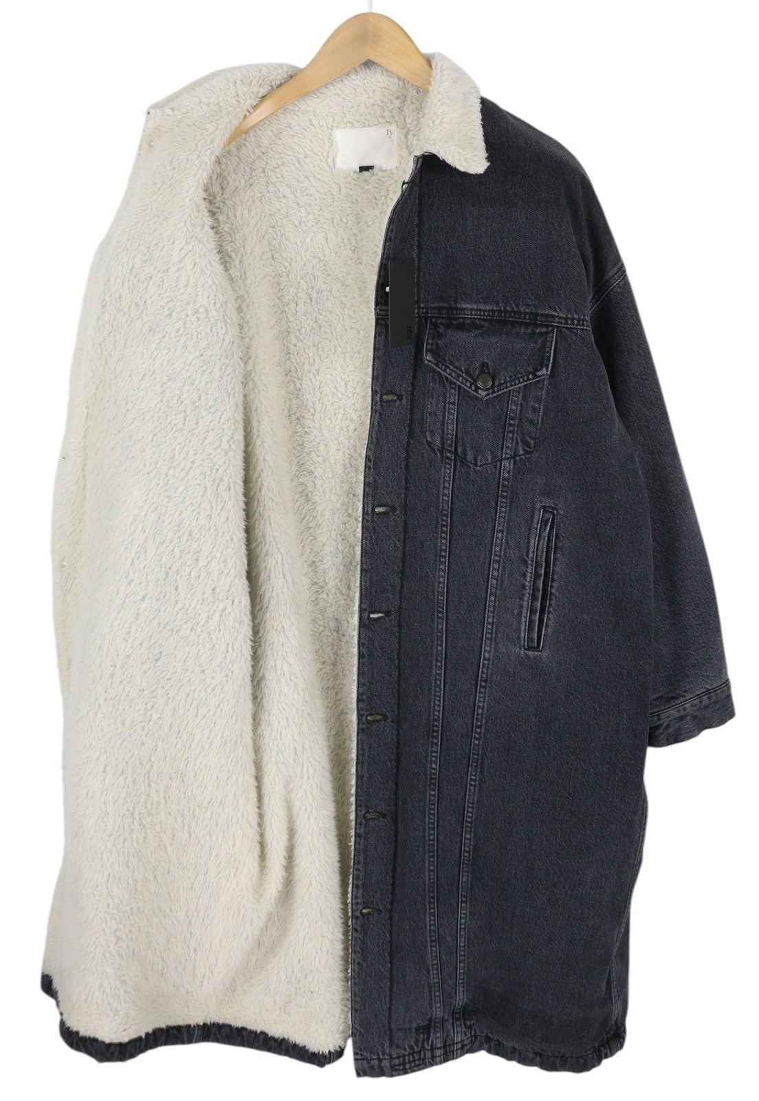 R13 Lyle Trucket paltas moteriškas švarkas M akmens juodos spalvos su šerpų pamušalu džinsinis ilgas RRP999 