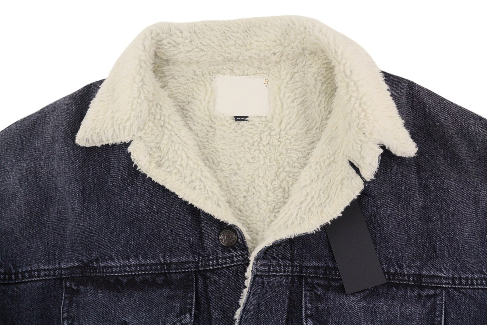 R13 Lyle Trucket paltas moteriškas švarkas M akmens juodos spalvos su šerpų pamušalu džinsinis ilgas RRP999 