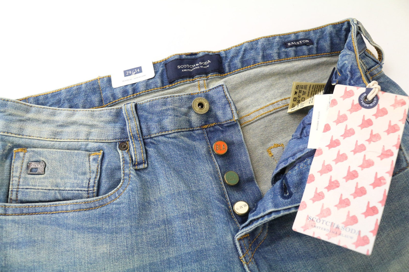 SCOTCH &amp; SODA Ralston vyriški džinsai W29/L34 mėlyni, ploni, skalbti, tamprūs medvilniniai džinsai 