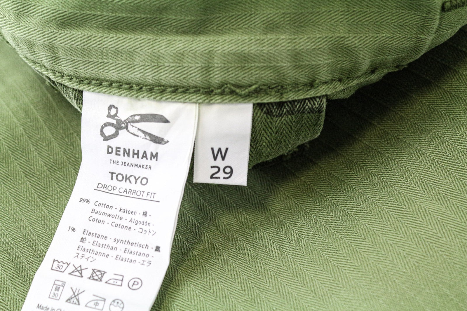 DENHAM Tokyo Men's Trousers W29/L32 Green Cotton Stretch Carrot Drop Fit Pants