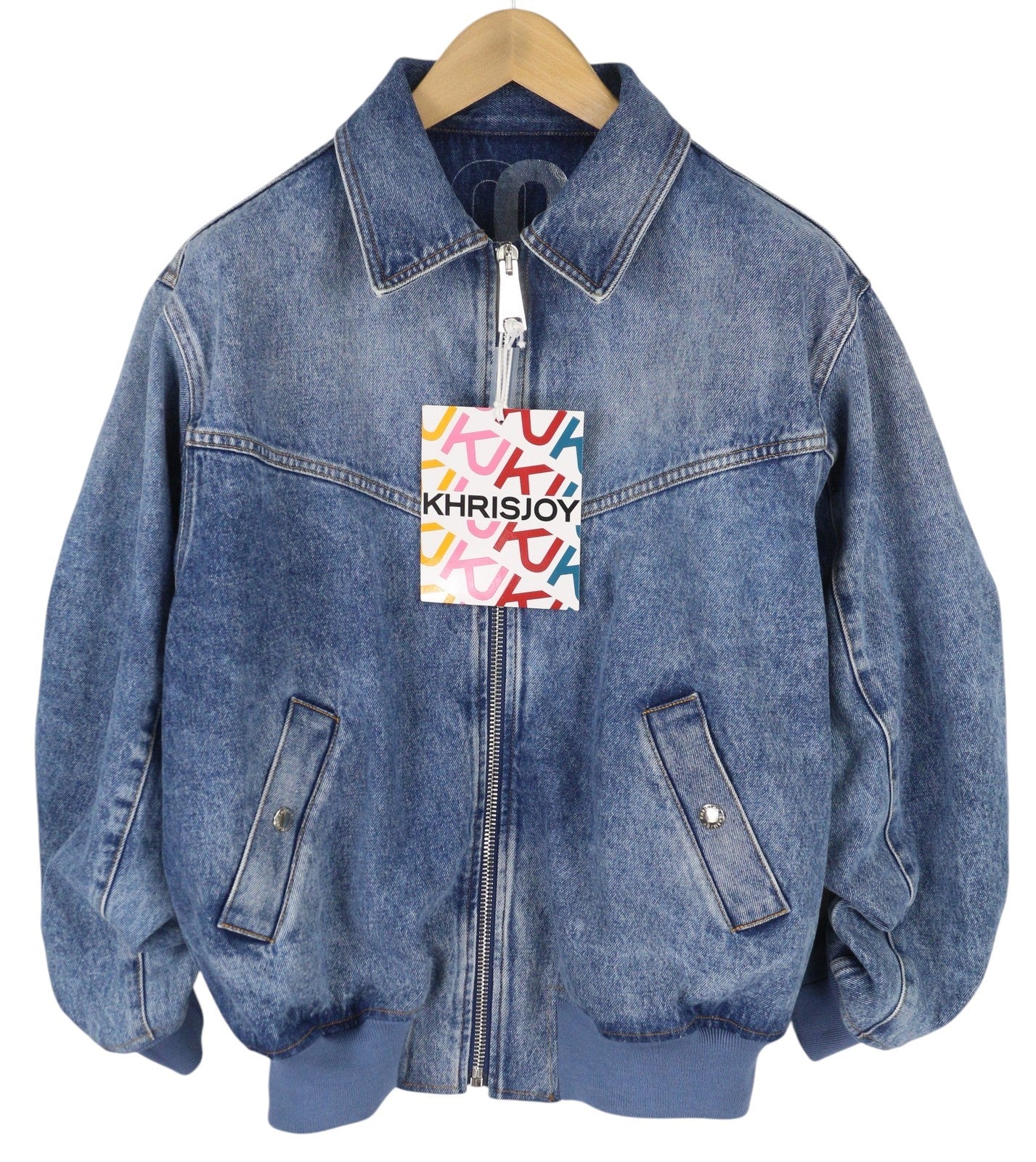 KHRISJOY „Aurora“ džinsinis bomber tipo moteriškas švarkas, XS/S, mėlynas, išblukęs, didelis, RRP1255 