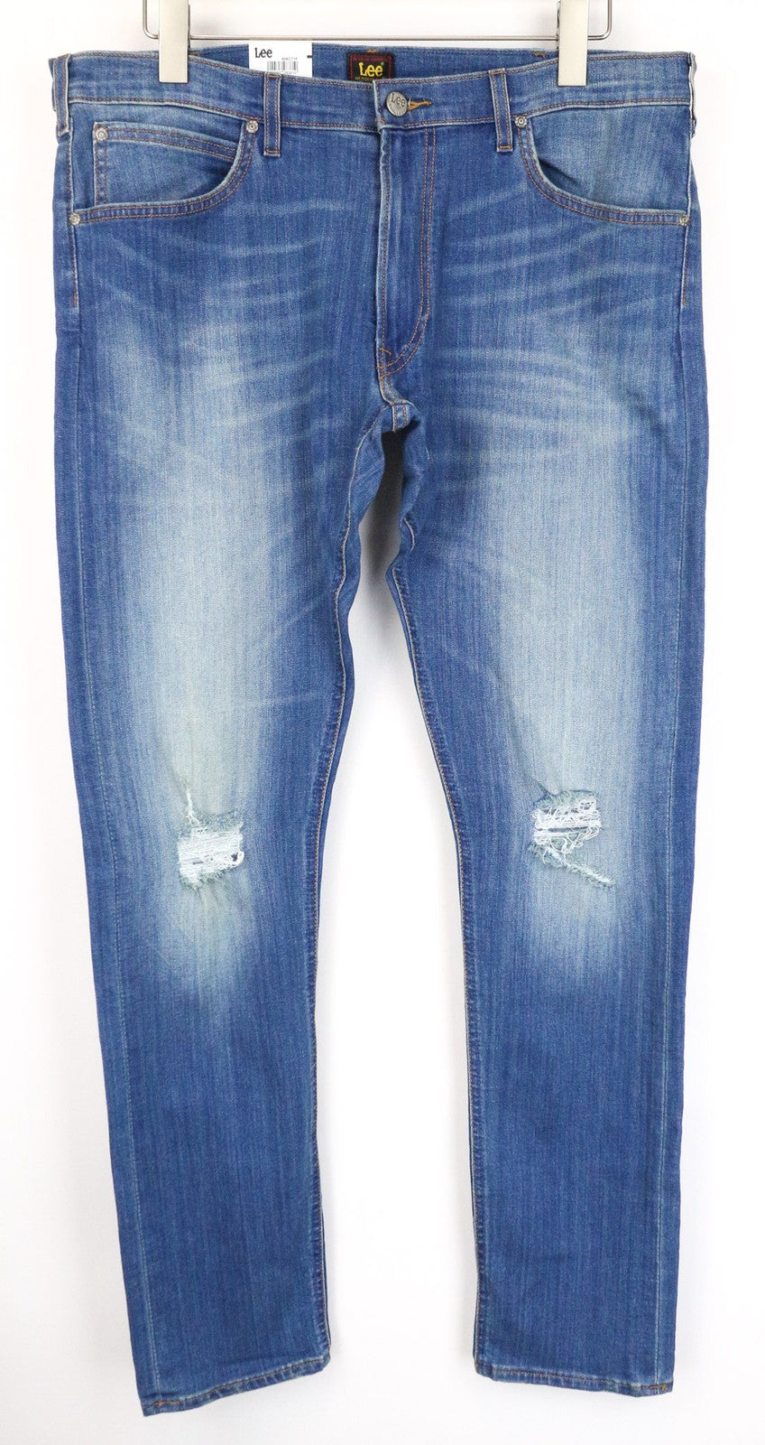 LEE Luke vyriški džinsai W36/L34 apdriskę, ploni, siaurėjantys, medvilniniai, tamprūs, mėlyni 