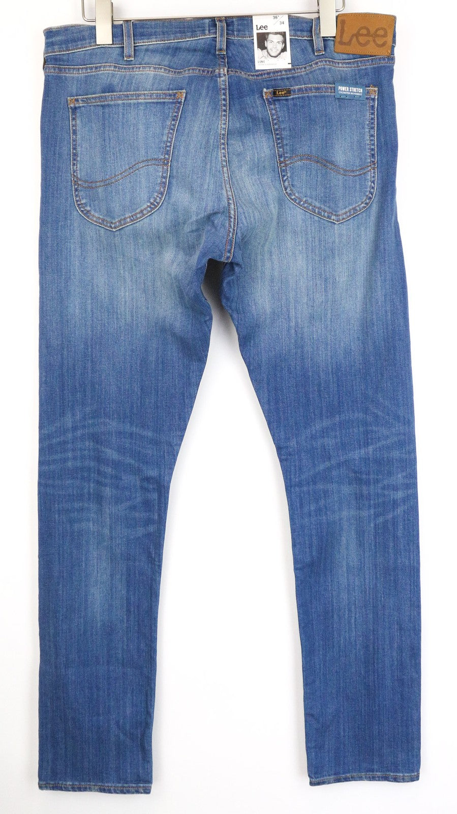 LEE Luke vyriški džinsai W36/L34 apdriskę, ploni, siaurėjantys, medvilniniai, tamprūs, mėlyni 