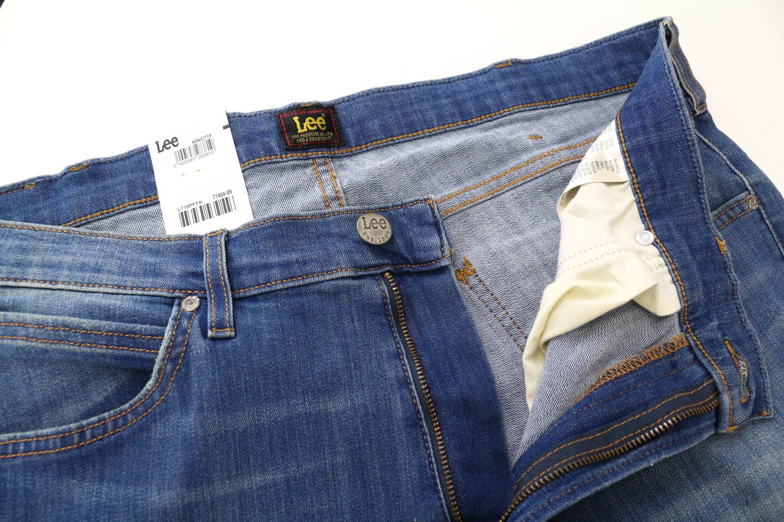 LEE Luke vyriški džinsai W36/L34 apdriskę, ploni, siaurėjantys, medvilniniai, tamprūs, mėlyni 