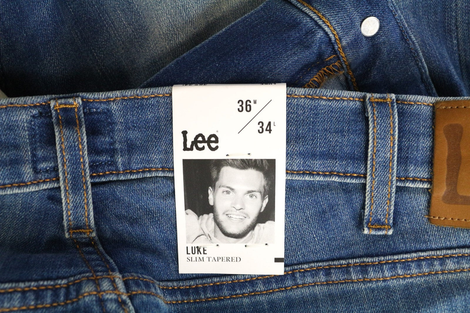 LEE Luke vyriški džinsai W36/L34 apdriskę, ploni, siaurėjantys, medvilniniai, tamprūs, mėlyni 