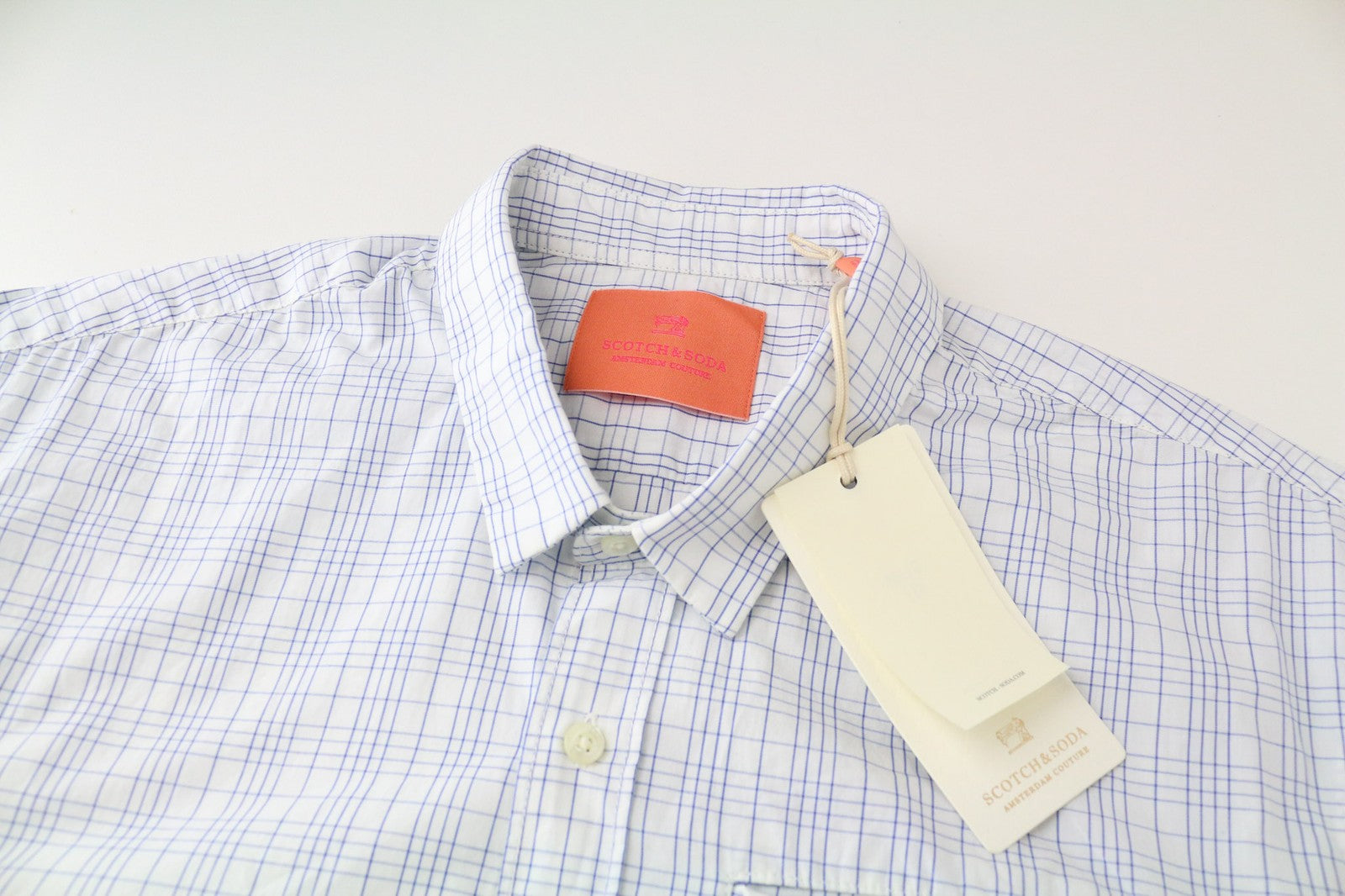 SCOTCH &amp; SODA Ams Couture vyriški marškinėliai M mėlynai balti languoti medvilniniai priglundančio kirpimo marškinėliai 