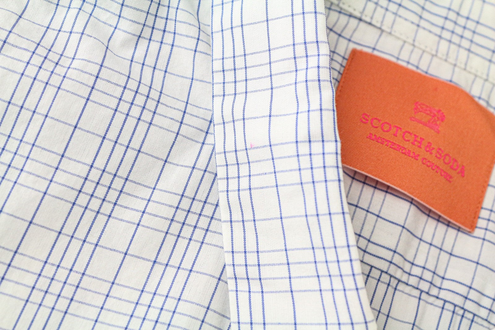 SCOTCH &amp; SODA Ams Couture vyriški marškinėliai M mėlynai balti languoti medvilniniai priglundančio kirpimo marškinėliai 