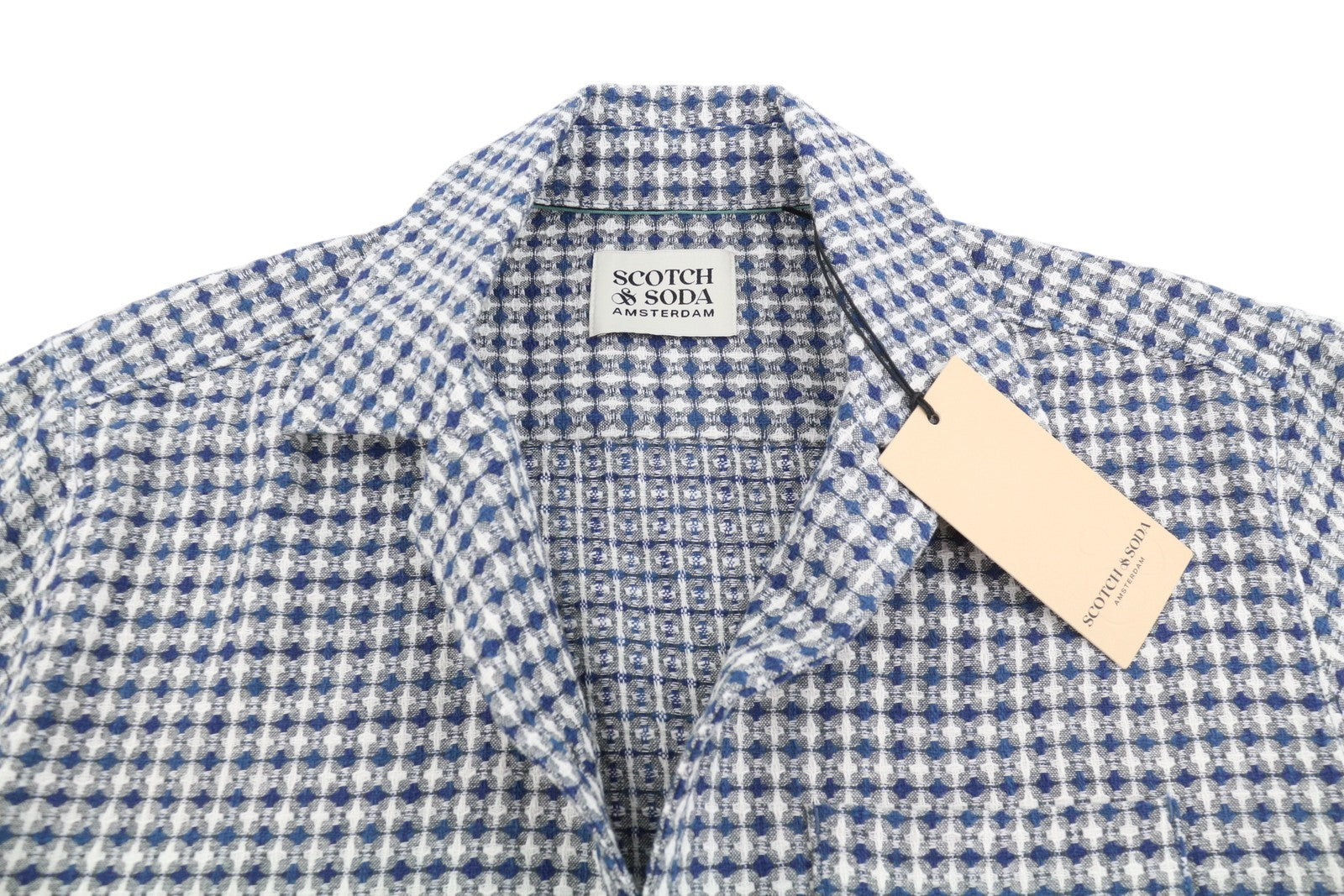 SCOTCH & SODA Men Shirt L Blue Patterned Linen Blend Thick Textured Short Sleeve