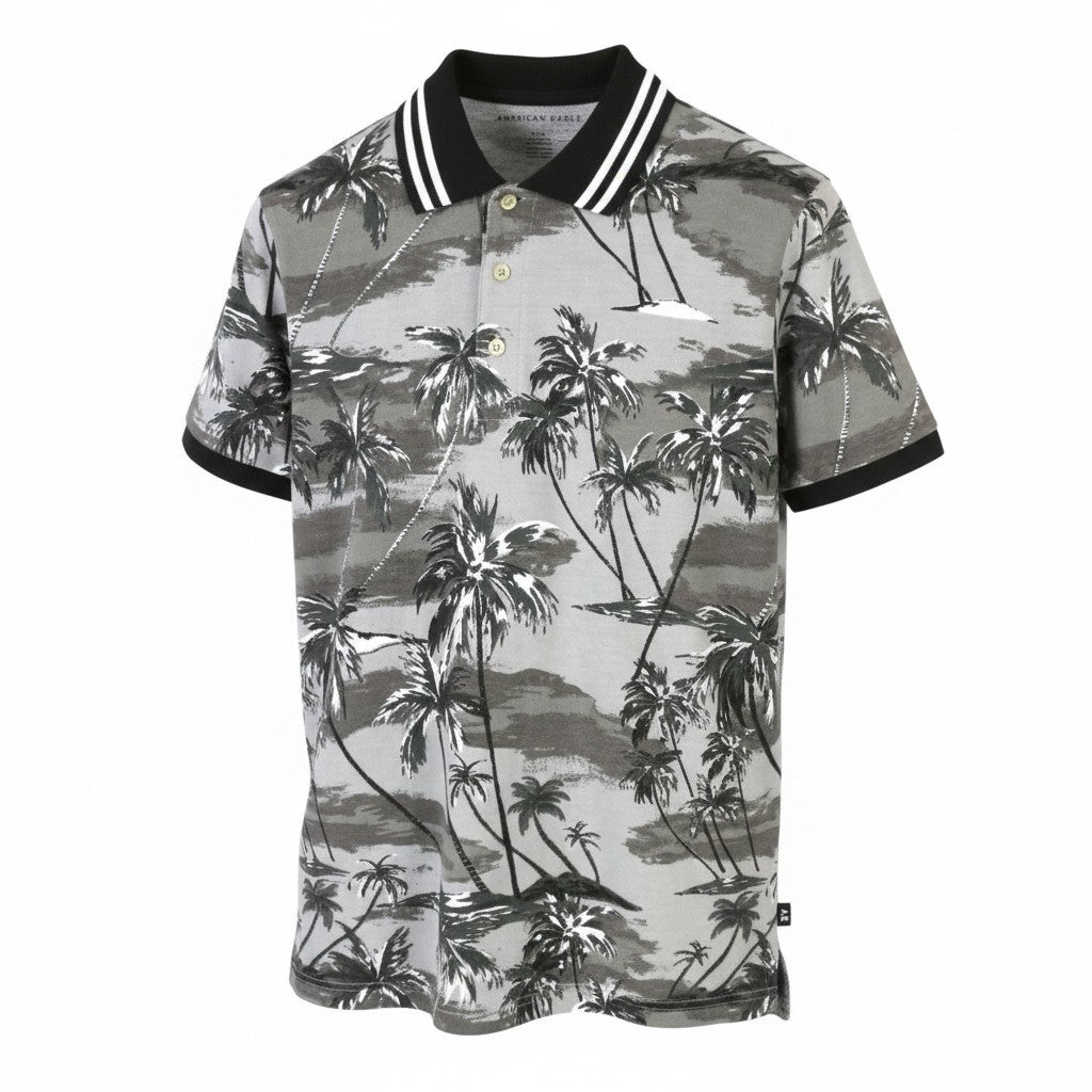 AMERICAN EAGLE OUTFITTERS Men Polos S Grey Palm Tree Print Short Sleeve