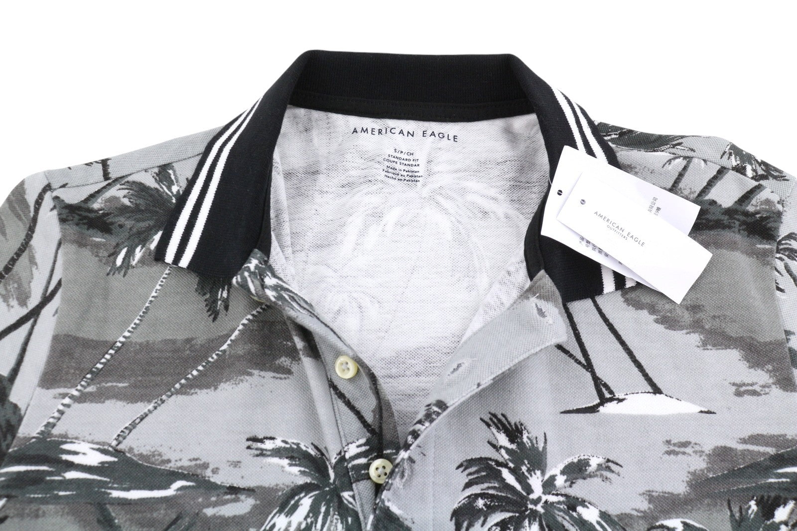 AMERICAN EAGLE OUTFITTERS Men Polos S Grey Palm Tree Print Short Sleeve