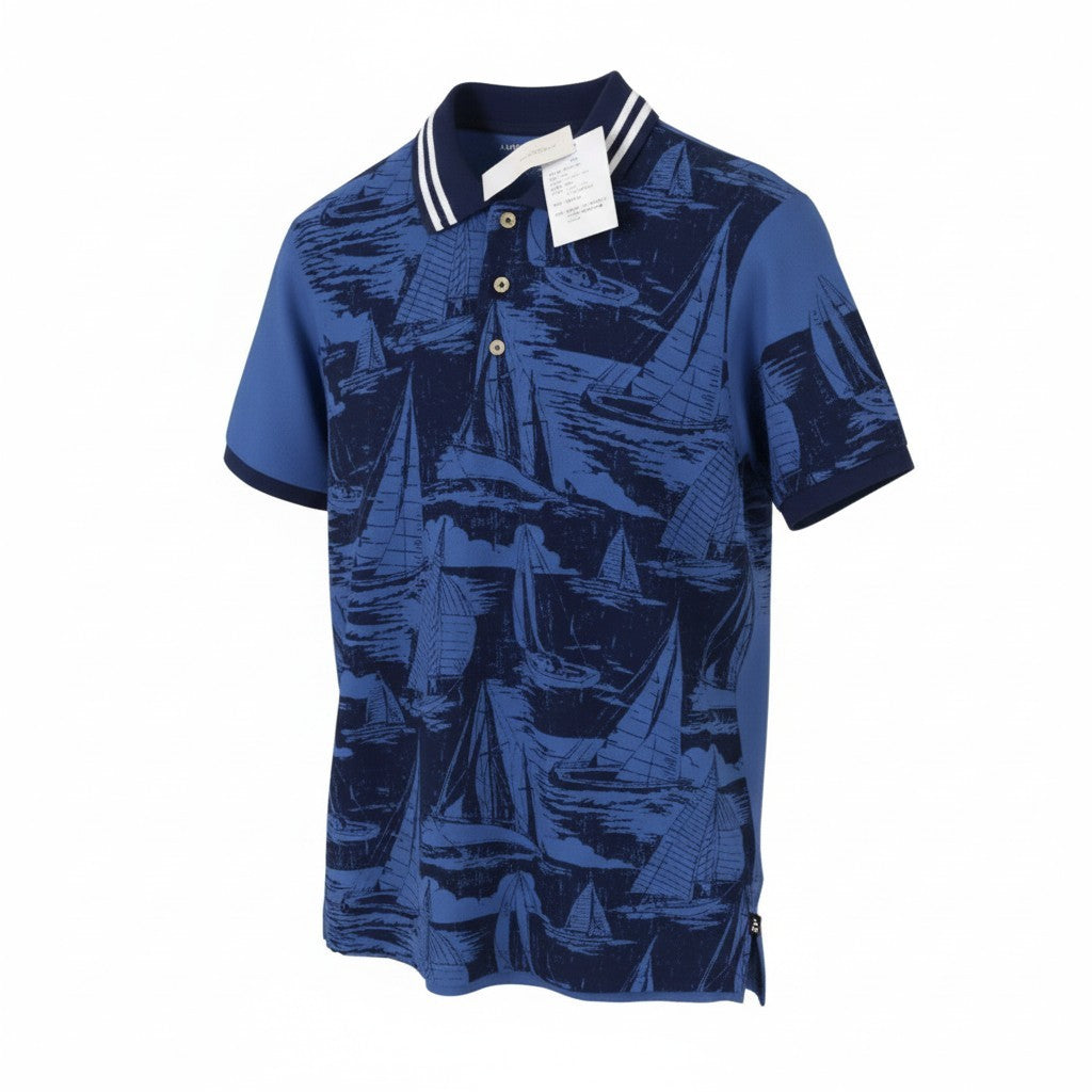 AMERICAN EAGLE OUTFITTERS Men Polos S Blue Cotton Patterned Short Sleeve