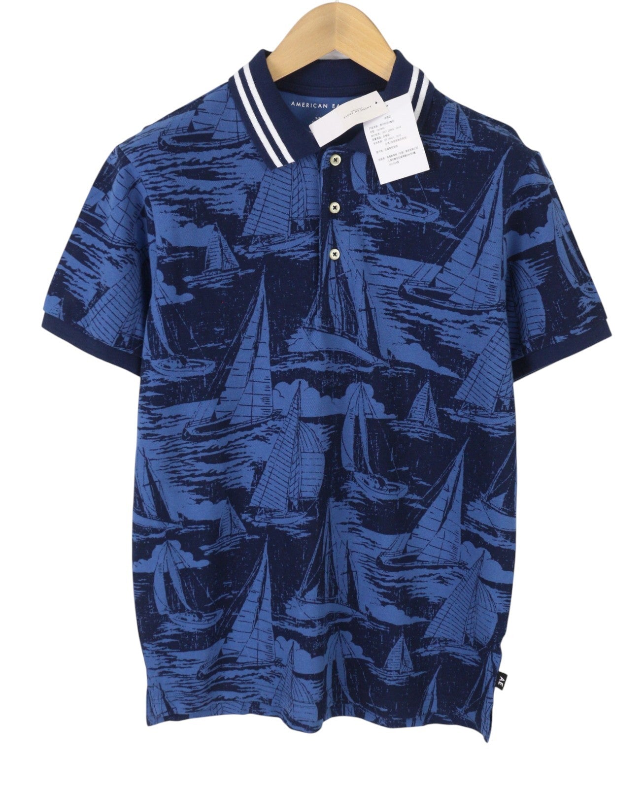 AMERICAN EAGLE OUTFITTERS Men Polos S Blue Cotton Patterned Short Sleeve