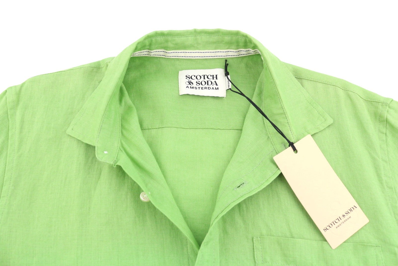 SCOTCH & SODA Men Shirt M Green Linen Spread Collar Button Short Sleeve