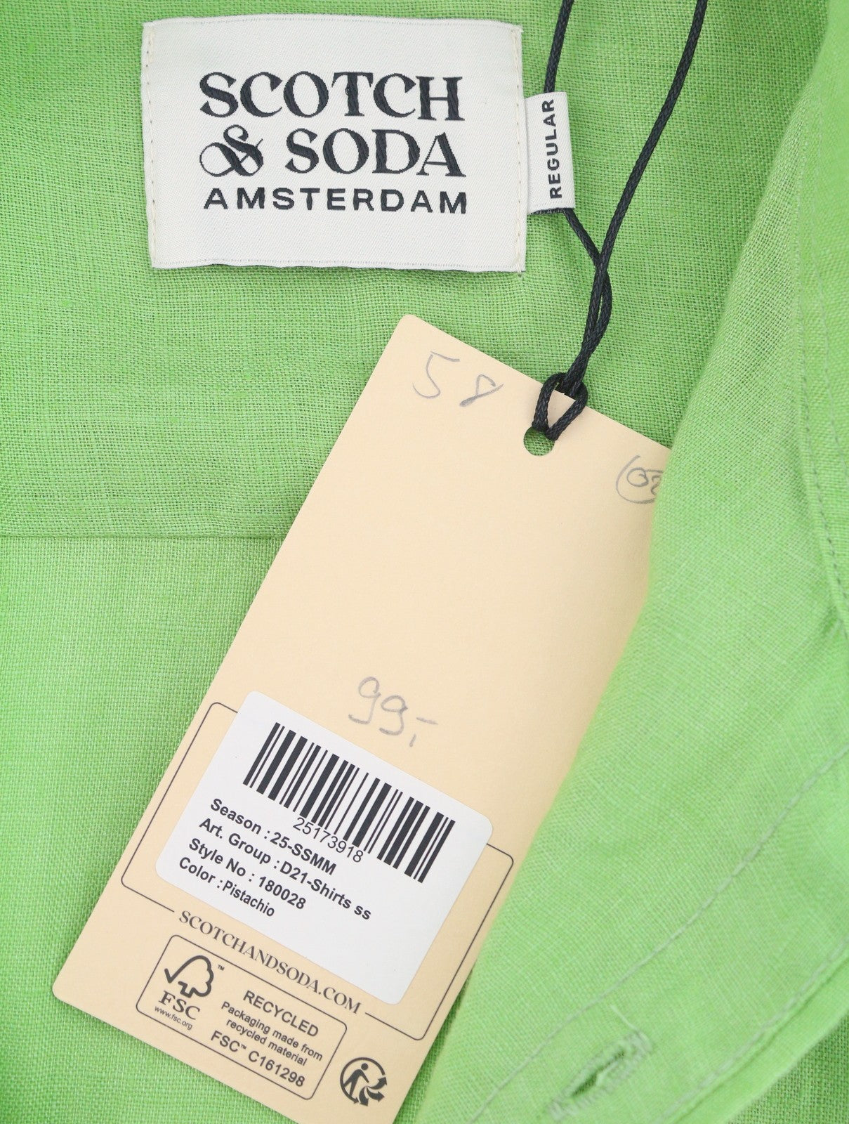 SCOTCH & SODA Men Shirt M Green Linen Spread Collar Button Short Sleeve