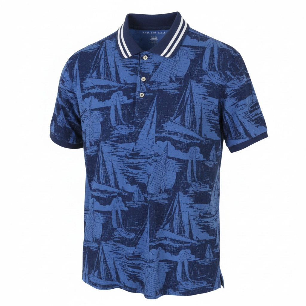 AMERICAN EAGLE OUTFITTERS Men Polos XL Blue Cotton Patterned Short Sleeve