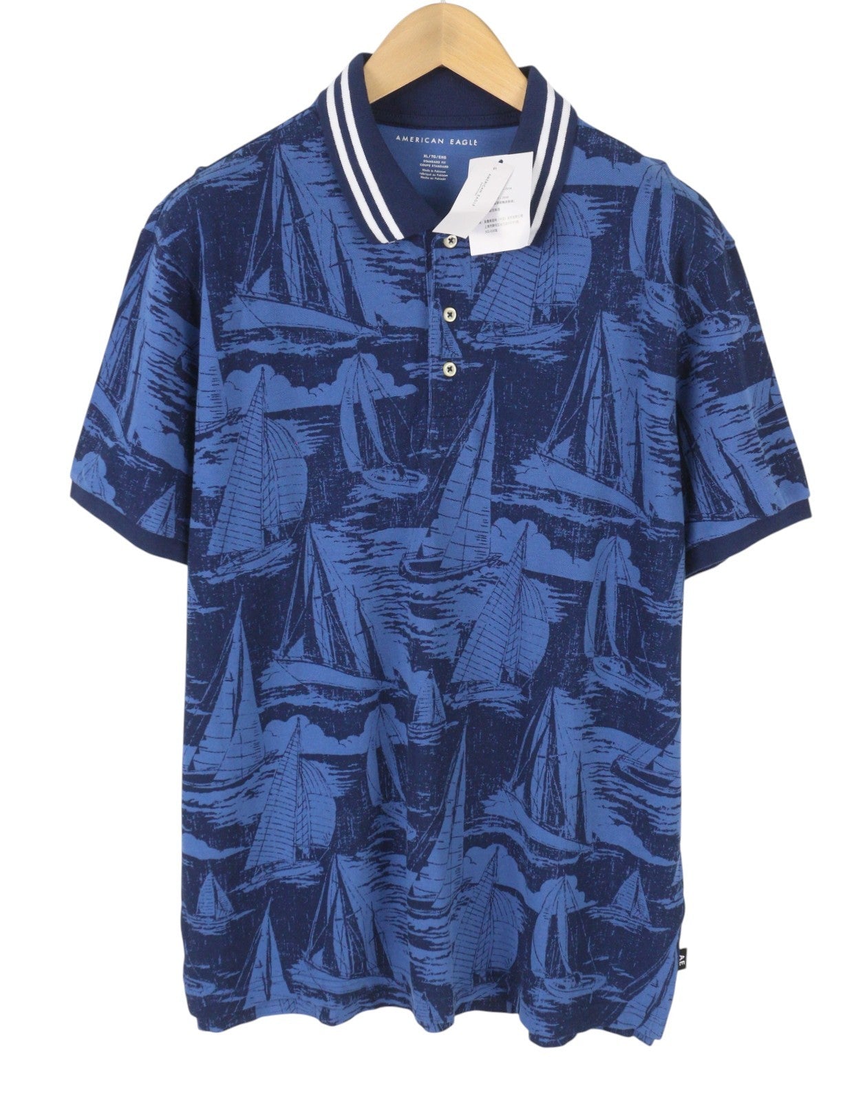 AMERICAN EAGLE OUTFITTERS Men Polos XL Blue Cotton Patterned Short Sleeve