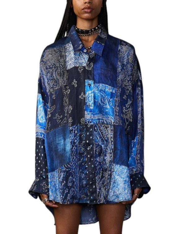 R13 Crop Neck Women Silk Shirt XS Blue Multi Bandana Print Oversized SS26 RRP995