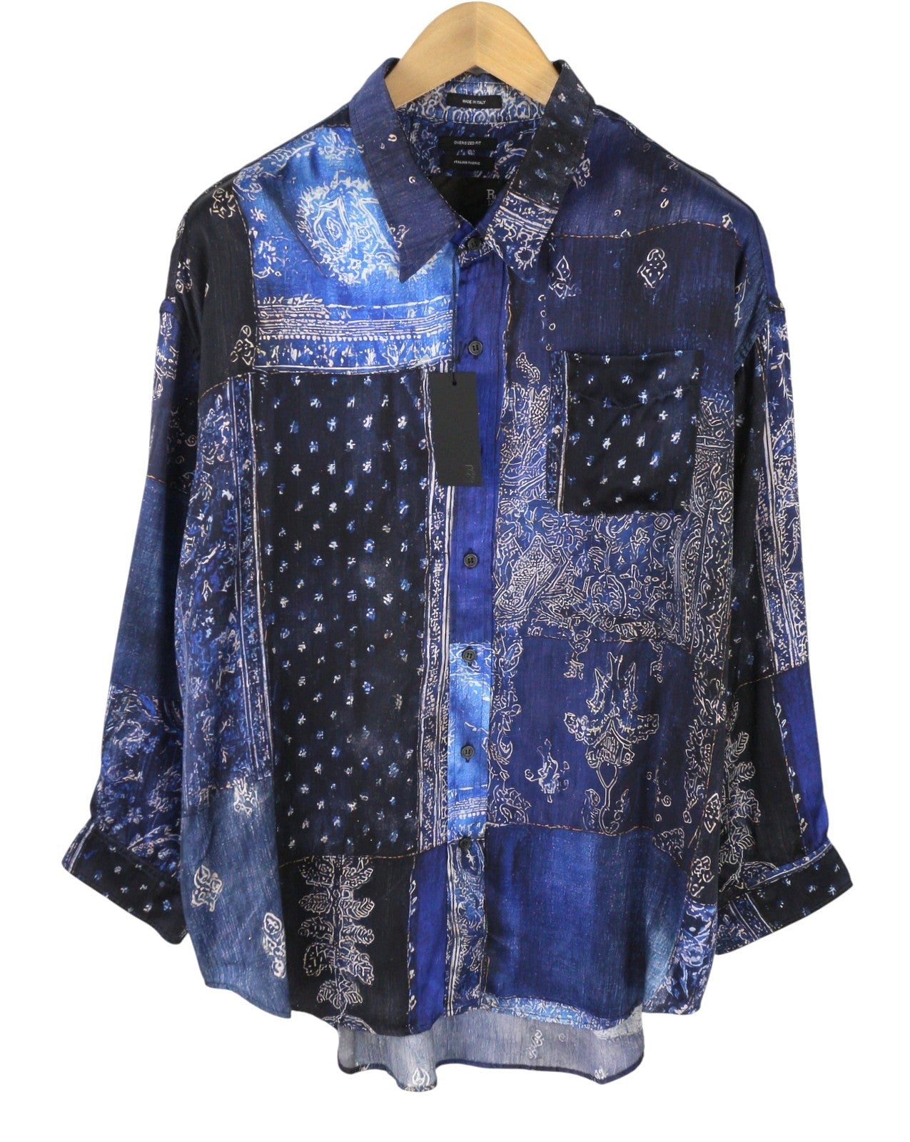 R13 Crop Neck Women Silk Shirt XS Blue Multi Bandana Print Oversized SS26 RRP995