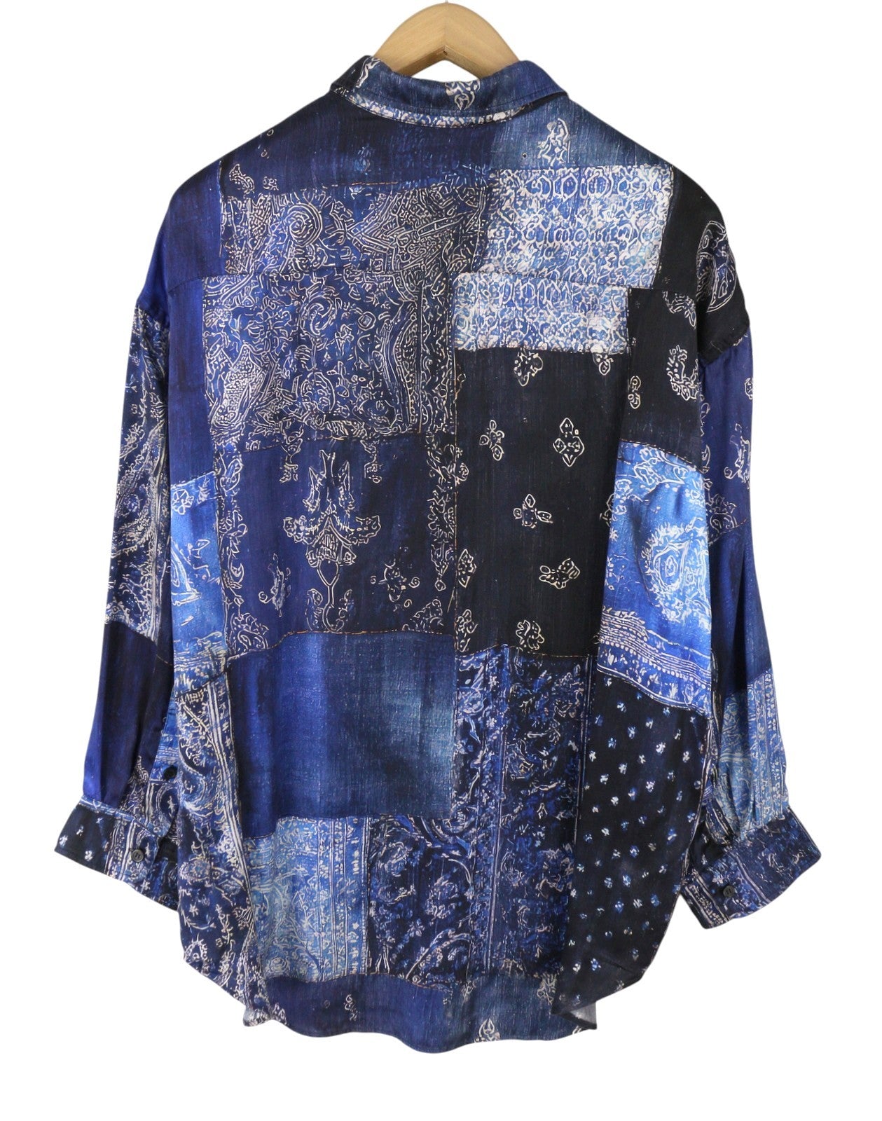 R13 Crop Neck Women Silk Shirt XS Blue Multi Bandana Print Oversized SS26 RRP995
