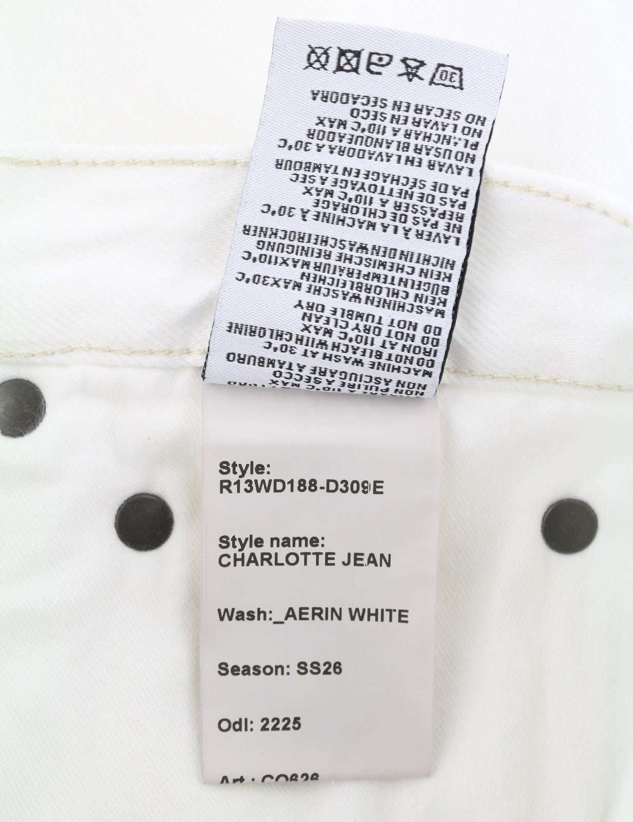 R13 Charlotte Women Jeans 26 Aerin White Straight Distressed Zip Fly SS26
