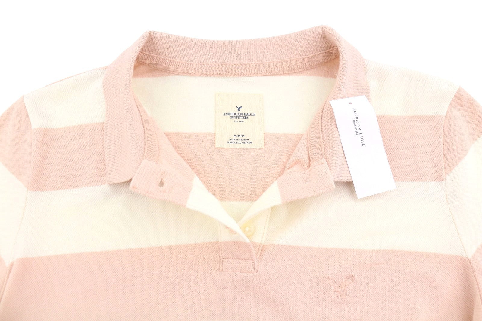 AMERICAN EAGLE OUTFITTERS Women T-Shirt M Pink Striped Polo Collar Short Sleeved