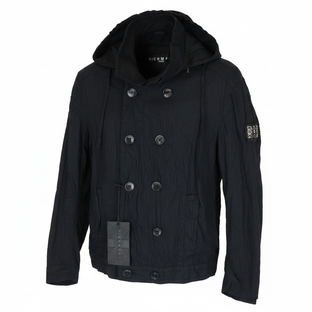 RICHMOND Men Jacket 48 M Navy Cotton Blend Double-Breast Hooded Lightweight