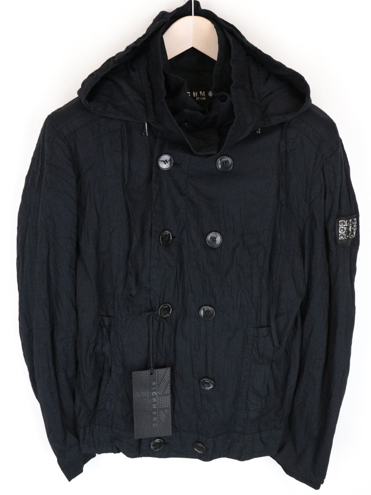 RICHMOND Men Jacket 48 M Navy Cotton Blend Double-Breast Hooded Lightweight