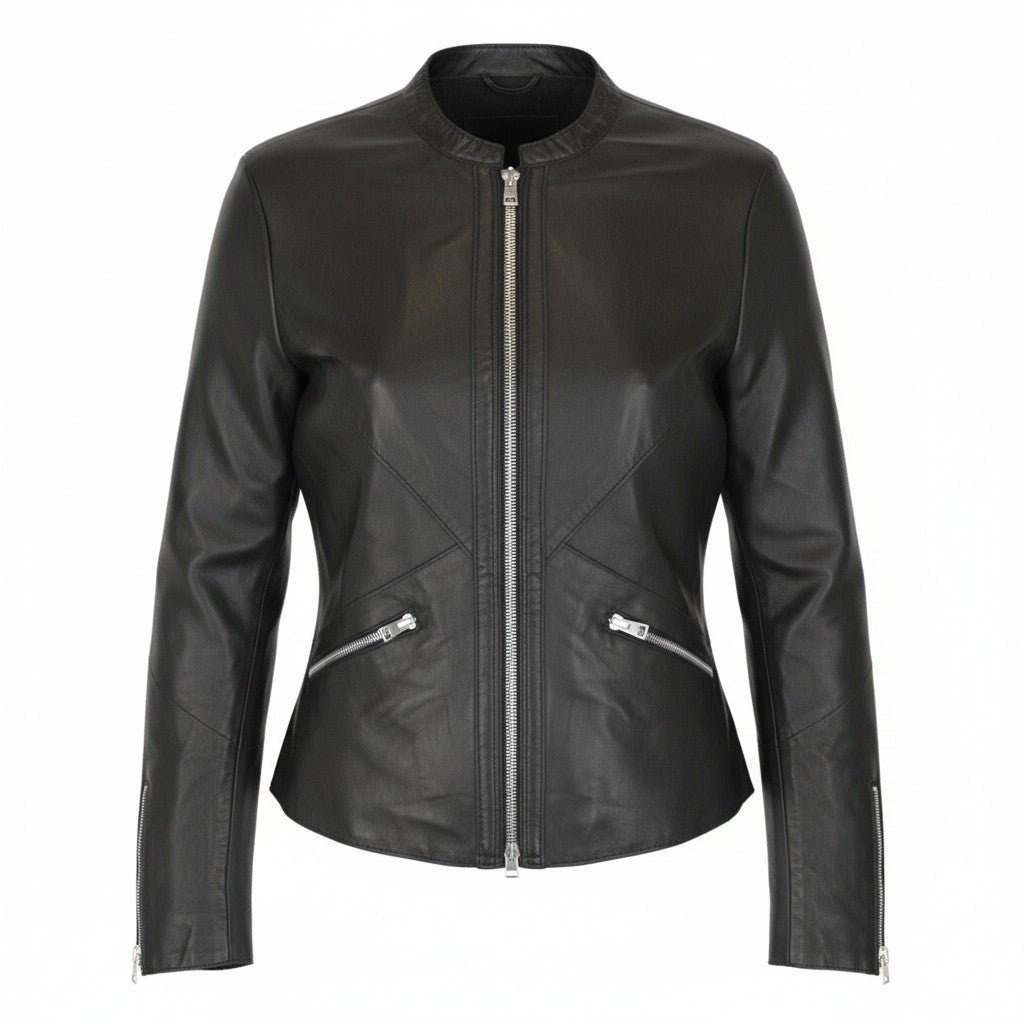 REPLAY Women Jacket S Black Genuine Lambskin Leather Single-Breasted Zipped
