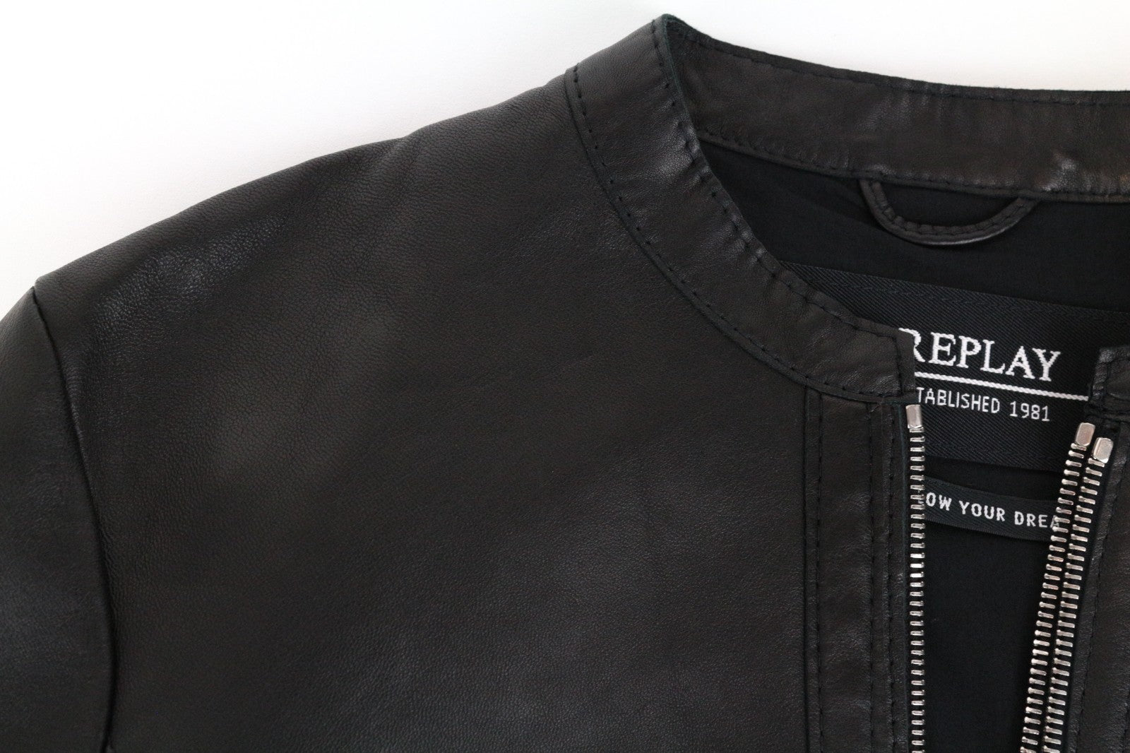 REPLAY Women Jacket S Black Genuine Lambskin Leather Single-Breasted Zipped