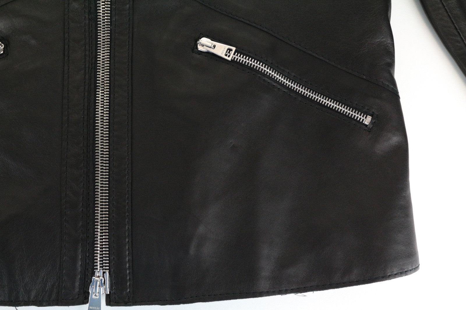 REPLAY Women Jacket S Black Genuine Lambskin Leather Single-Breasted Zipped