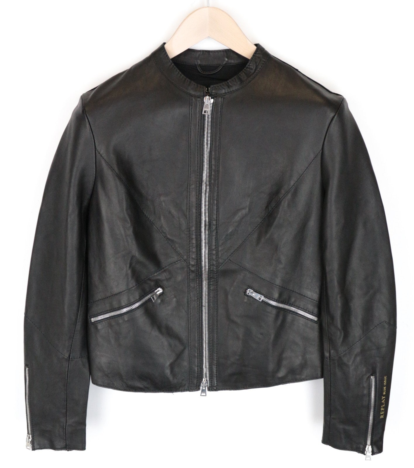 REPLAY Women Jacket S Black Genuine Lambskin Leather Single-Breasted Zipped