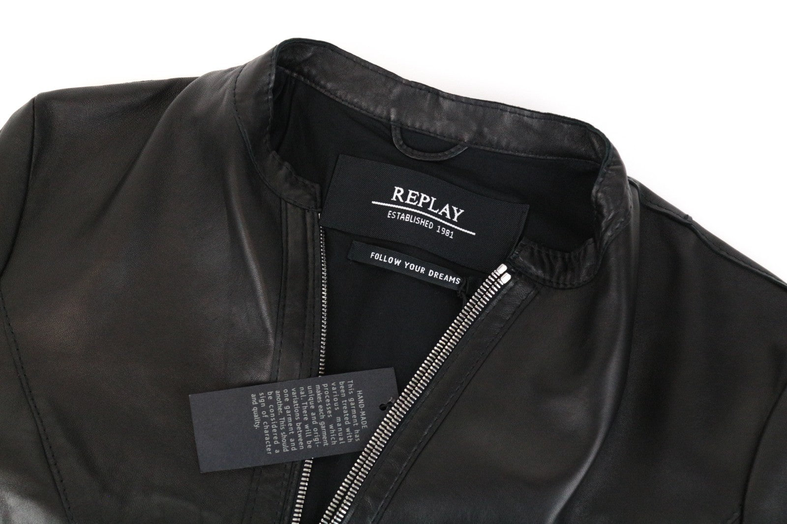 REPLAY Women Jacket S Black Genuine Lambskin Leather Single-Breasted Zipped