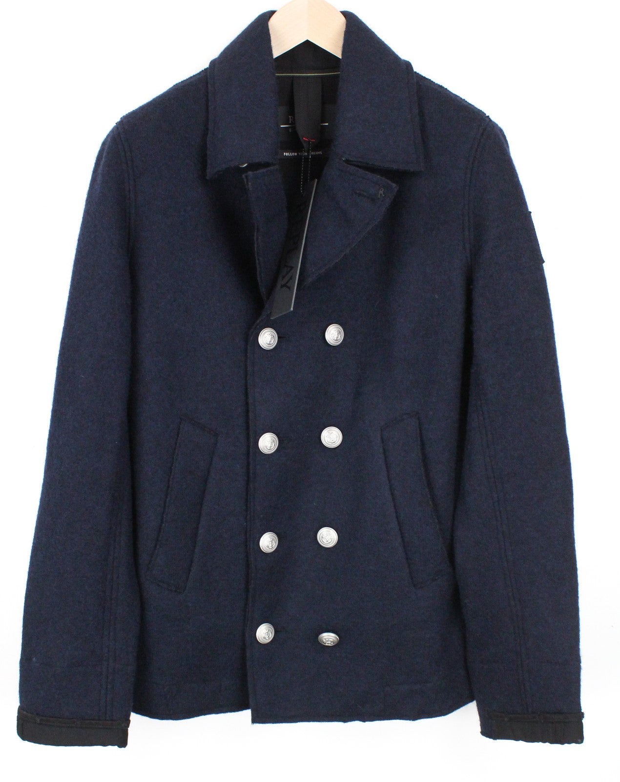 REPLAY Men Jacket XL Navy Wool Blend Double-Breasted Collar Lined Long Sleeved
