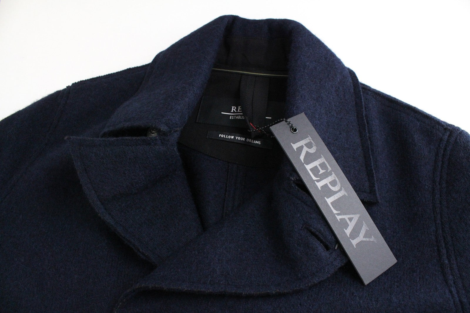 REPLAY Men Jacket XL Navy Wool Blend Double-Breasted Collar Lined Long Sleeved