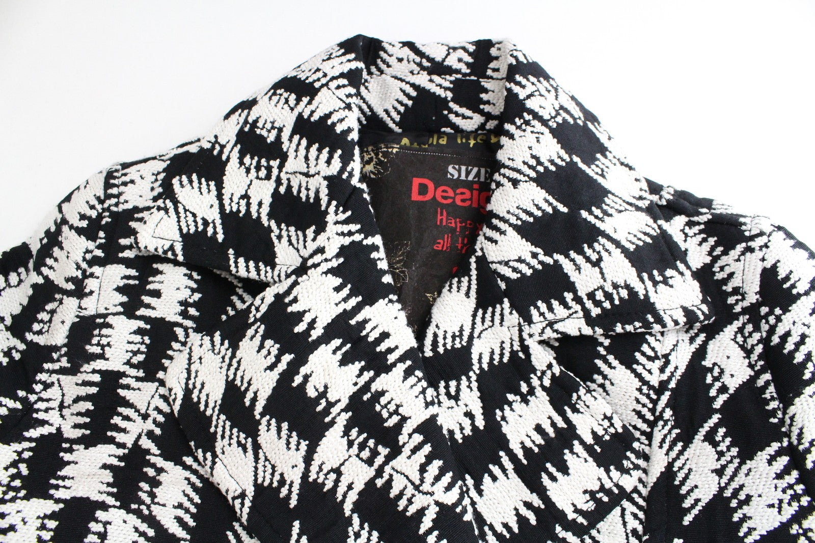 DESIGUAL Women Coat 38 White Black Patterned Single-Breasted Lined Belt Casual