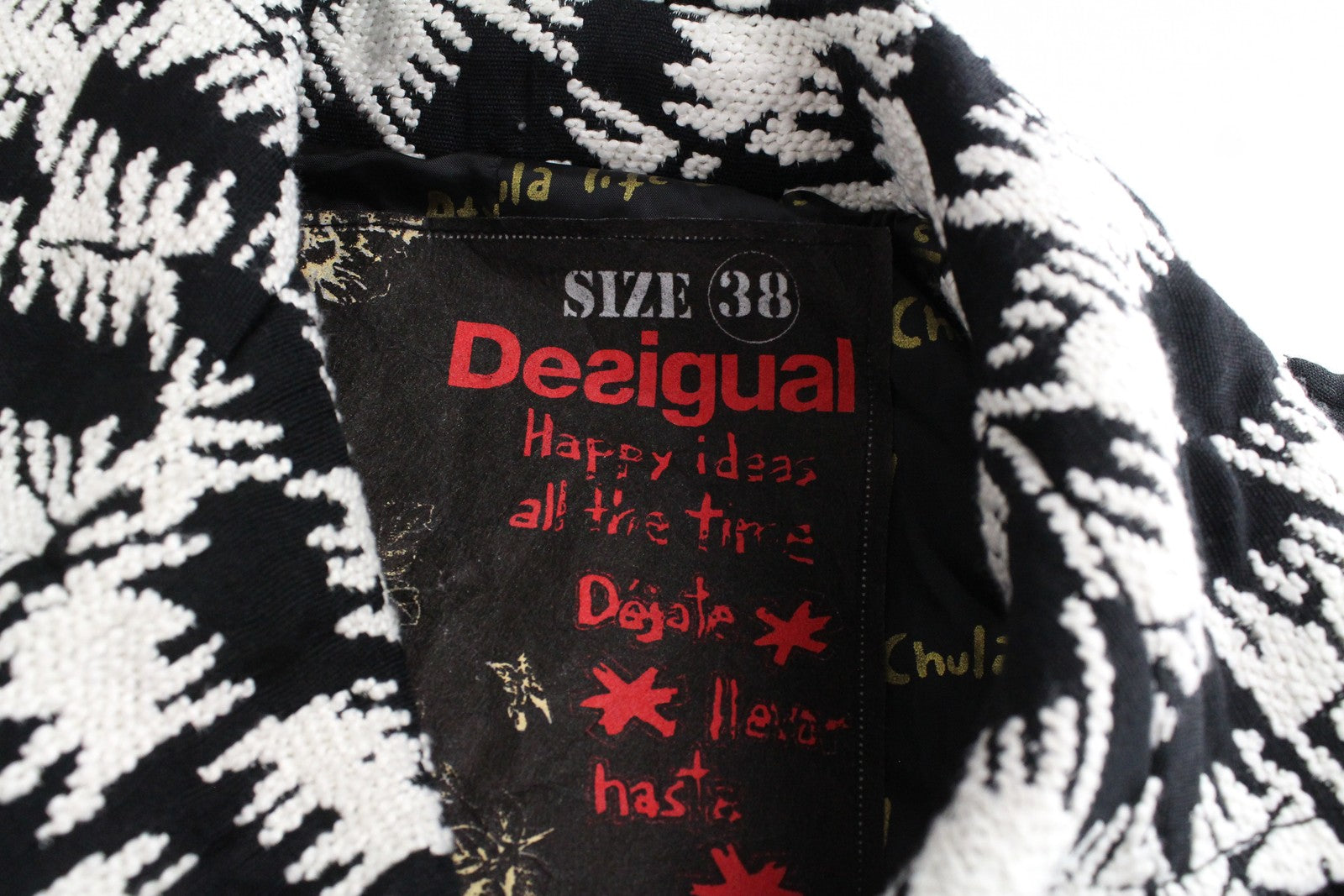 DESIGUAL Women Coat 38 White Black Patterned Single-Breasted Lined Belt Casual