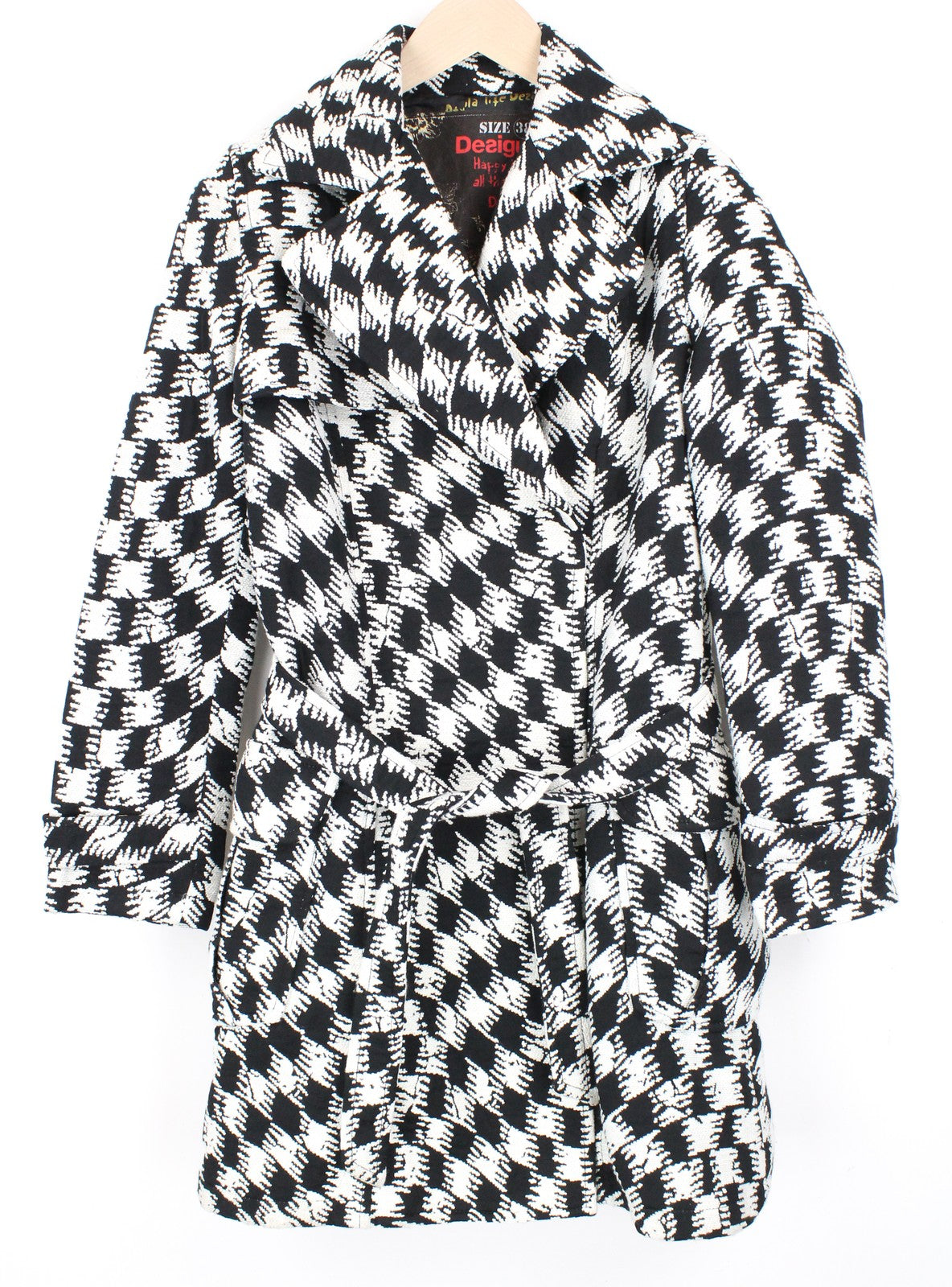 DESIGUAL Women Coat 40 White Black Patterned Single-Breast Lined Belted Casual