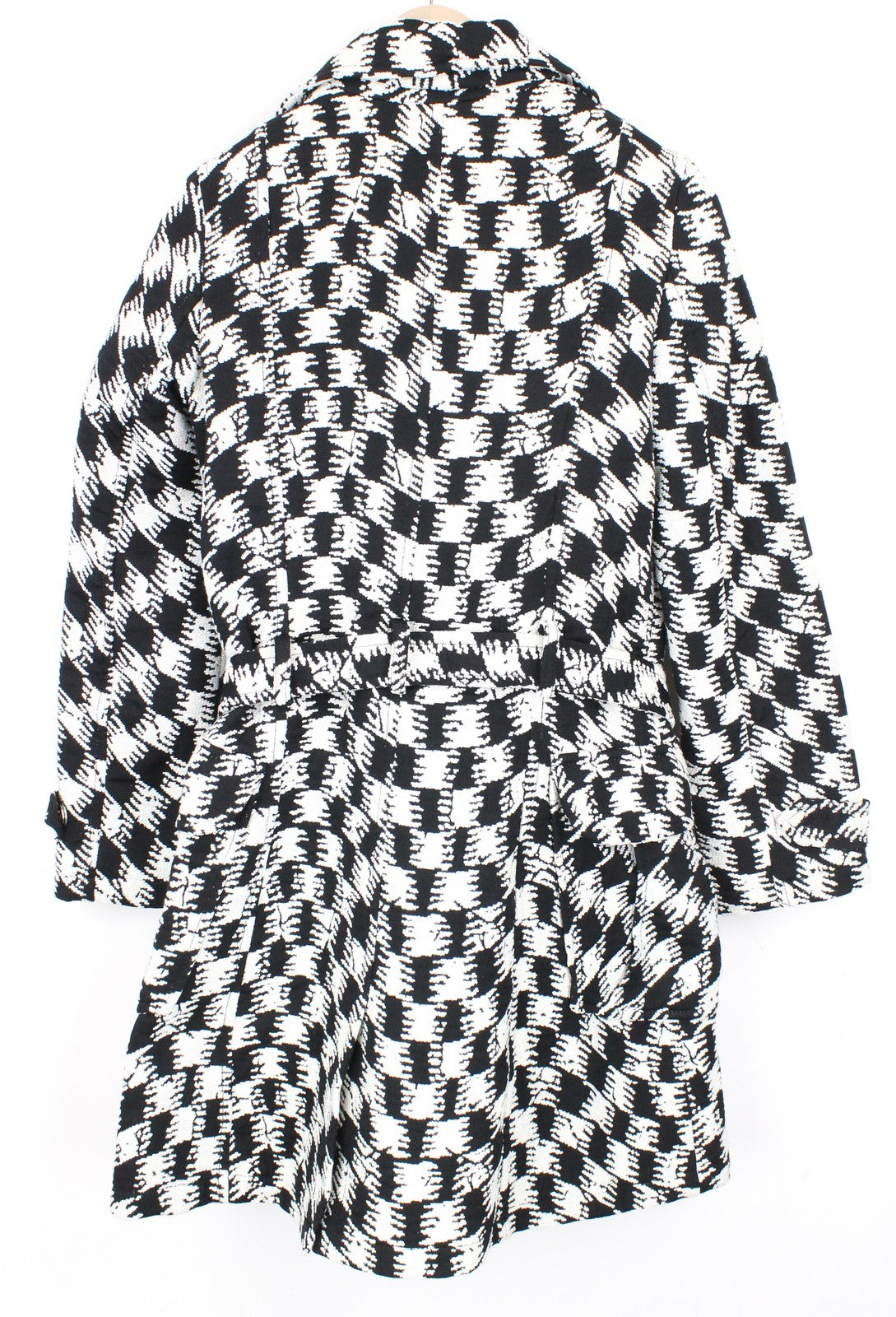 DESIGUAL Women Coat 40 White Black Patterned Single-Breast Lined Belted Casual