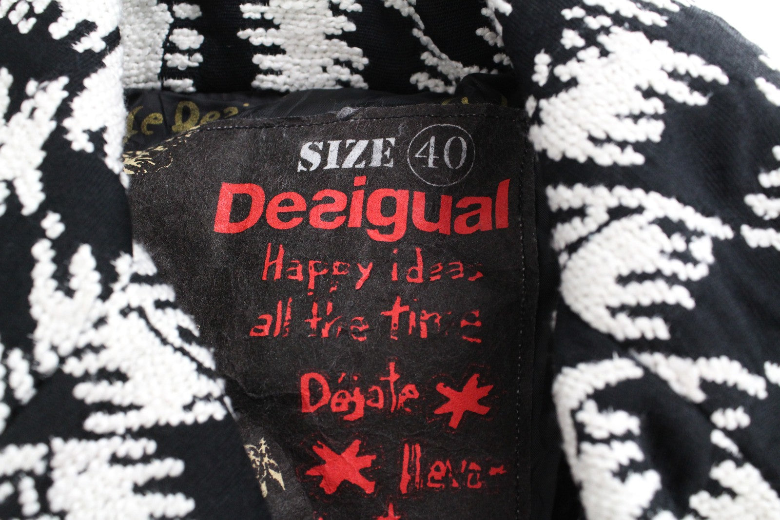 DESIGUAL Women Coat 40 White Black Patterned Single-Breast Lined Belted Casual
