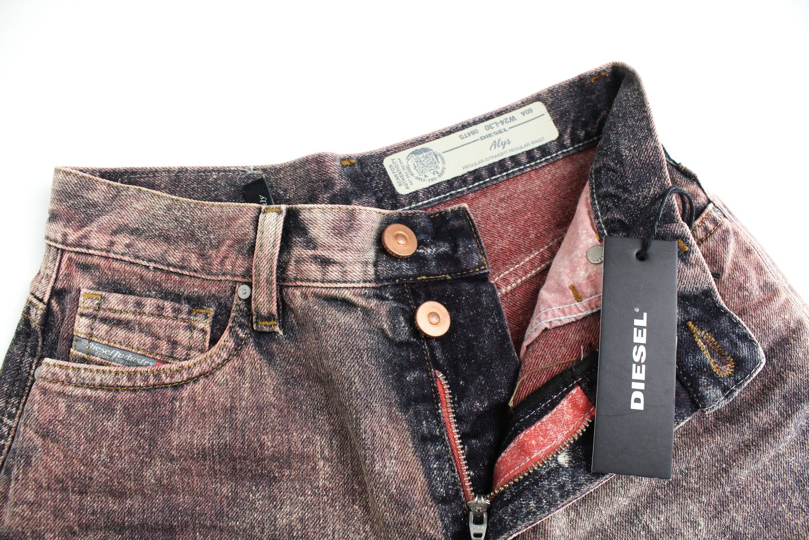DIESEL Alys 084TS Women Jeans W24/L30 Straight Pure Cotton Grey Pink Denim